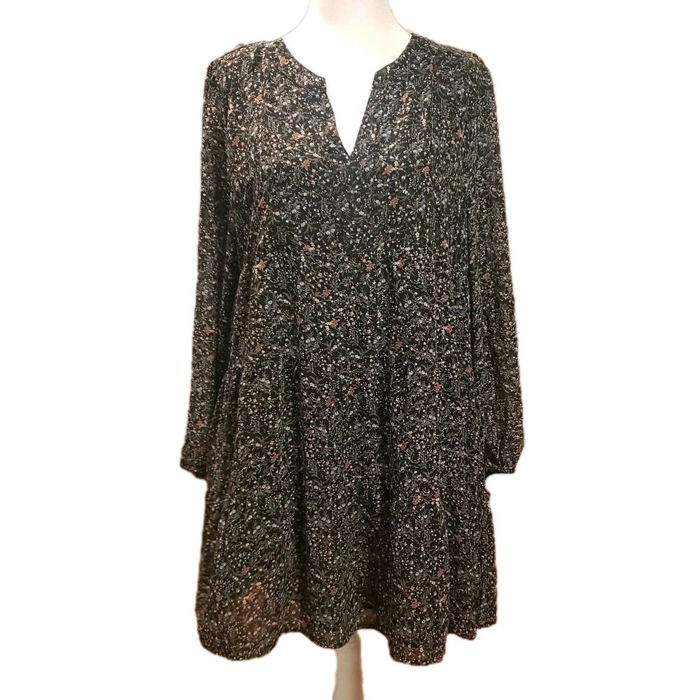 Cotton Bleu L Babydoll Dress Micro Floral Mini Tiered Lined Semi Sheer Sleeves